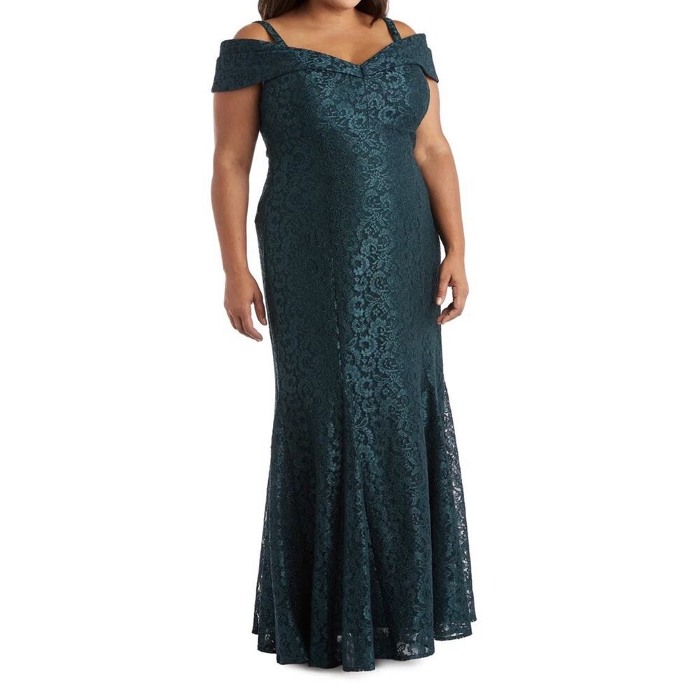 R&M Richards Off the Shoulder Fishtail Evening Gown Hunter Green Size 16W